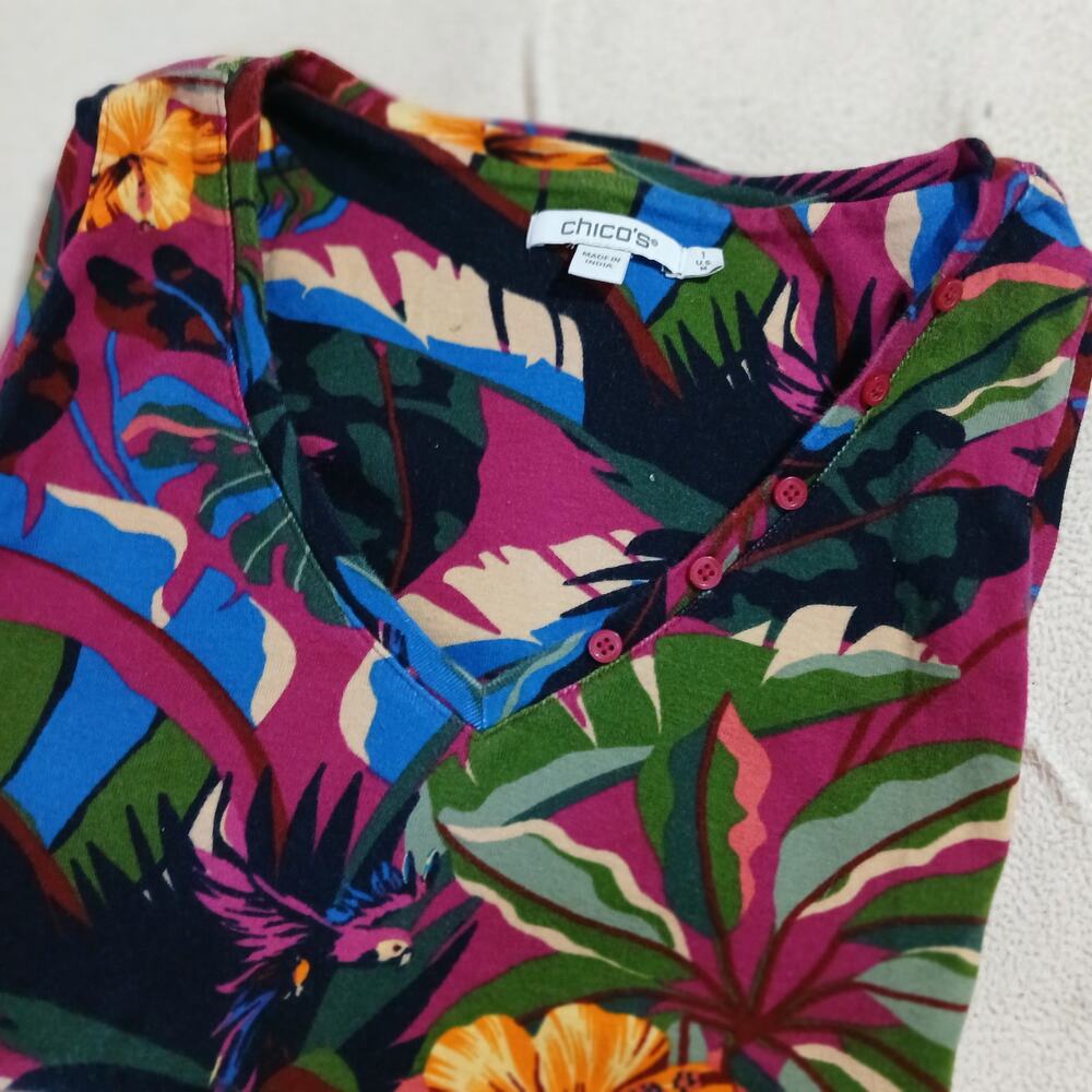Chico's tropical print sleeveless tank small 100% cotton button collar accents